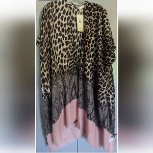 Club Moda Women's Leopard Print & Pink w/ Lace Kimono - One Size NWT!